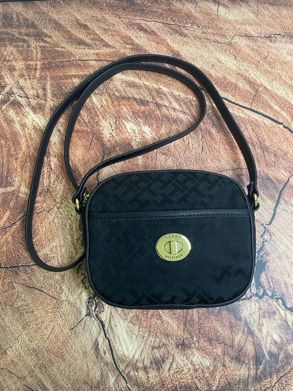 Tommy Hilfiger Black Monogram Jacquard Crossbody Bag Gold Turn-Lock